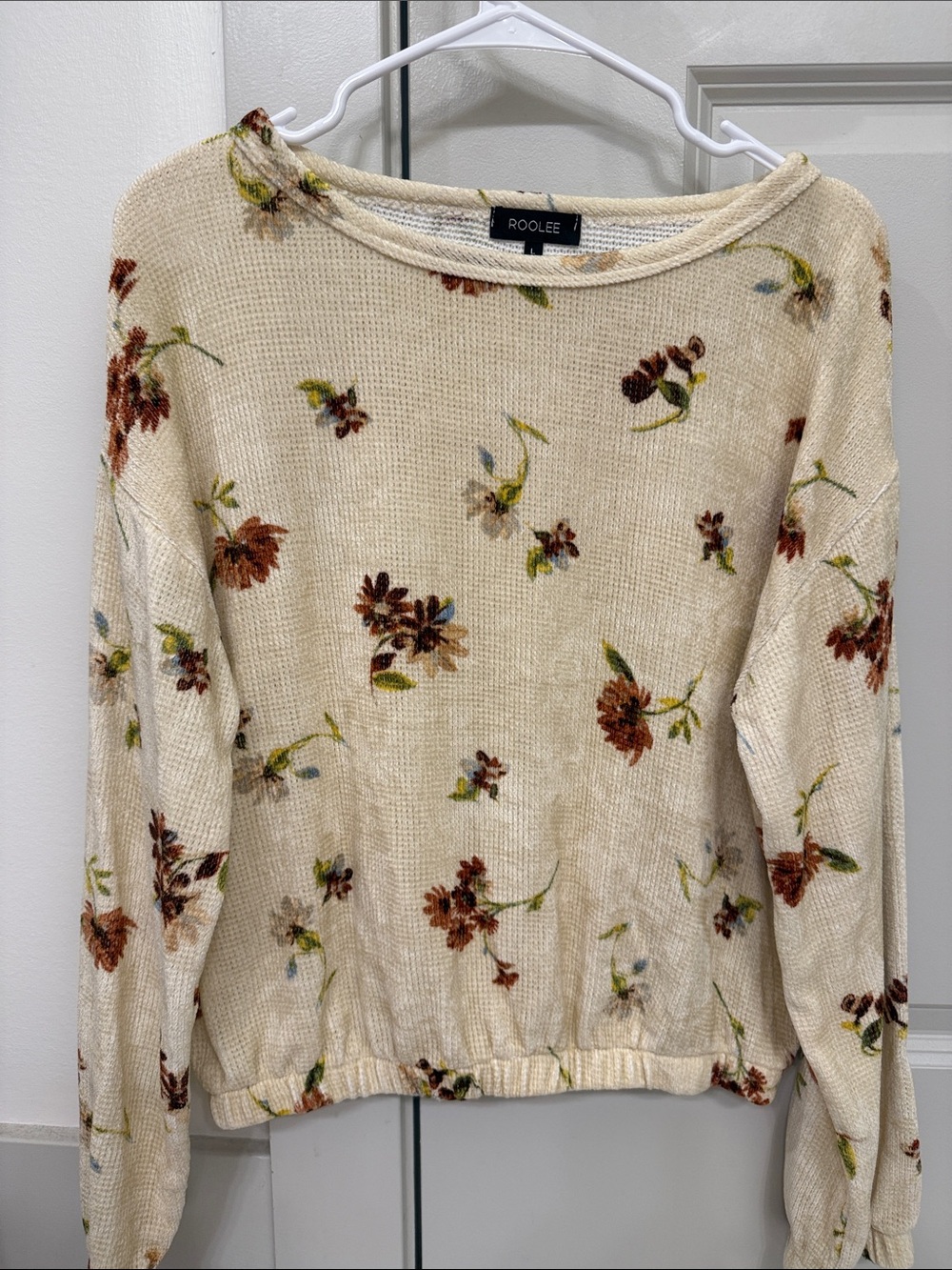 Roolee Cream Floral Waffle-Knit Scoop Neck Sweater